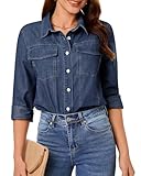 GRAPENT Light Weight Denim Shirt Women Collar Shirts for Women Indigo Dark Blue Size Large US 12 to 14