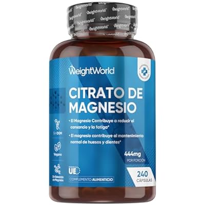 WeightWorld - Citrato de Magnesio 240 Cápsulas Veganas - 444mg de Magnesio Puro provenientes de 1480mg del Citrato Para 4 Meses Contribuye a la Reducción del Cansancio y la Fatiga EFSA Sin Gluten ni OGM