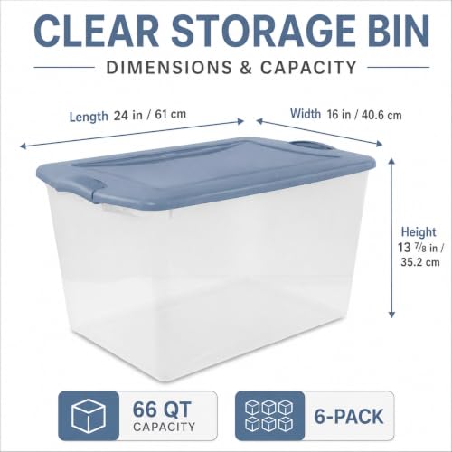 Image of Storage Bins 66 Qt Clear Latching Lid Stackable 6 Pack Blue | Clear Construction with Secure Latches - Easy to see contents without opening. Color latches keep lids firmly attached.