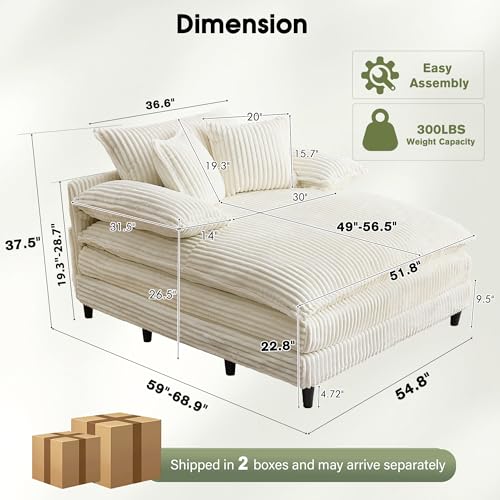 Image of WESTSETLUX 54.8 inch W Oversized Chaise Lounge Chair Indoor with 5-Position Adjustable Backrest, Corduroy Sleeper Sofa Bed with 3 Pillows, Modern Cloud Couch Chair for Living Room, Bedroom, Beige