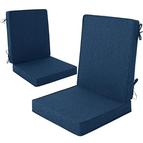 Image of Outdoor Chair Cushions 20x20, Water-Resistant & Fade-Resistant, Patio Furniture Lawn Dining Chair Seat Replacement with High Back, Ties Zipper, Removable Cover, Set of 2, Navy Blue