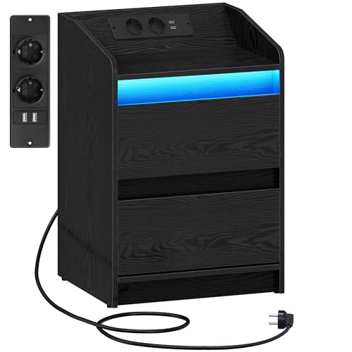 Hzuaneri Mesitas de Noche con Luces LED Estación de Carga y 2 Cajones Mesa auxiliar con Puertos USB