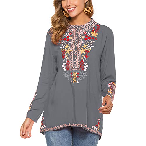 Grosy Boho Embroidered Long Sleeve Tee Shirts For Women Mexican Peasant Blouses Ethnic Bohemian Floral Tunic Tops (Gray, 3X-Large) #TOP2