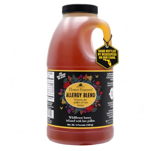 HONEY FEAST 3 Pounds Allergy Blend Honey - Premium American Honey, Floridian Origin, Raw &amp; Unfiltered, Enhanced Pollen Content, Beekeeper Crafted in Central Florida Apiary