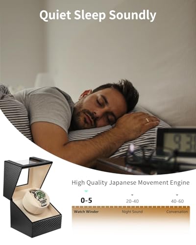 Image of UnaMela Watch Winder for Automatic Watches: Automatic Single Watch Winder Box with Japanese Quiet Motor, Rotating Watch Case, Gifts for Men & Collectors (Beige Carbon Fiber)