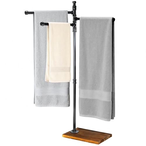 Hjarta Standing Towel Rack for Bathroom 360 Swivel Freestanding Towel Holder with Wooden Base 3 Rotating Arms for Bath Sheets & Pool No-Drill Farmhouse Floor Stand for Spa Bedroom