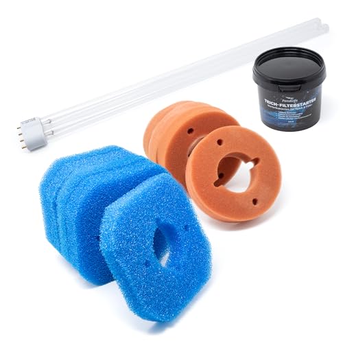 VIALIA Wartungspaket für Oase FiltoClear 11000 | mit 9 Filterschwämmen (5X blau/4x rot) | 11W UVC Lampe gegen Algen & Keime | inkl. Filterstarter | Komplettes Ersatzteil Set für Teichfilter