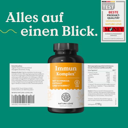 NATURE LOVE® Immun Komplex - 120 Kapseln - 4 Monate Reichweite - mit Echinacea-Extrakt, Vitamin C & D, Zink, Selen und Histidin - Immunsystem unterstützen* - hochdosiert, laborgeprüft aus Deutschland