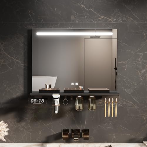 ELEGANT LED Bathroom Mirror with Lights, 80x60cm Space-Saving Illuminated Wall Mounted Vanity Mirror with Removable Shelf, 3 Colors Dimmable, Memory Function & Demister Pad