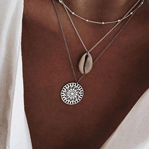 Simsly Boho Shell Choke Collar Colgante de disco hueco de plata Collar doble cadena ajustable para mujeres y niñas