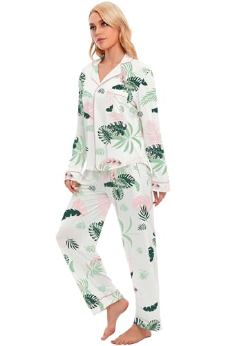 Image of LUBOT 100% Cotton Pajamas for Women Pajama Set 2 Piece PJ Sleepwear Set Soft Ladies Button Knit Long Sleeve Loungewear XS-XXL