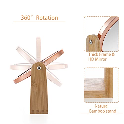 Yeake Double Sided 10X Magnifying Makeup Mirror With Bamboo Stand,Small Desk Table Mirror With 360° Rotation,Standing Portable Cosmetic Mirror,Good For Tabletop,Traveling(Rose Gold,Oval) #TOP3