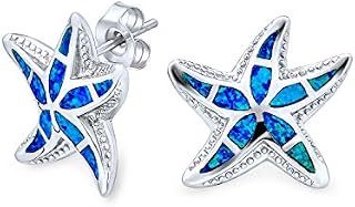 Large Nautical Hawaiian Beach Starfish Blue Created Opal Inlay Starfish Stud Earrings For Women .925 Sterling Silver 0.75 Inch