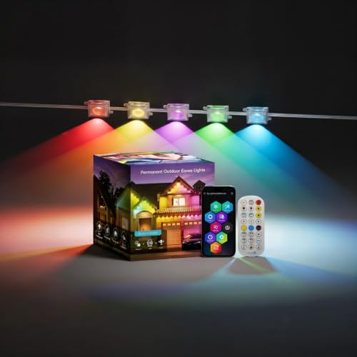 Image of Permanent Outdoor Lights 100ft - Smart Rgb Underglow Lights for House | Wifi Connection, 72 Scene Modes, Music Capture, Voice Control String Lights Under Eave for Party, Halloween, Christmas