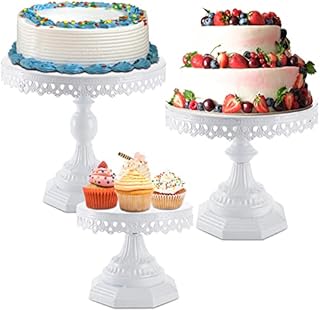 YOUEON Set of 3 Antique White Metal Cake Stands 8/10/12 Inch Cakes Serving Stands Metal Cupcake Display Stands Dessert Display Stand for Weddings Birthday Parties Receptions White Octangular Pedestal