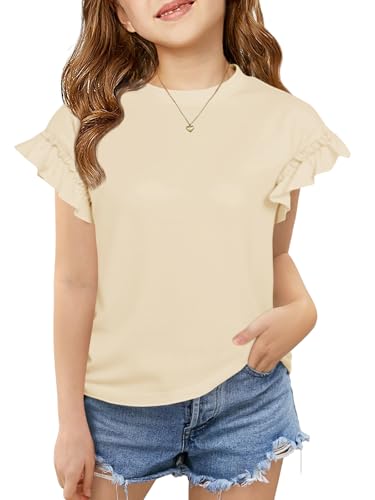 Image of Haloumoning Girls Ruffle Short Sleeve T Shirts Kids Summer Crewneck Tops Cute Tees Blouse 5-14 Years