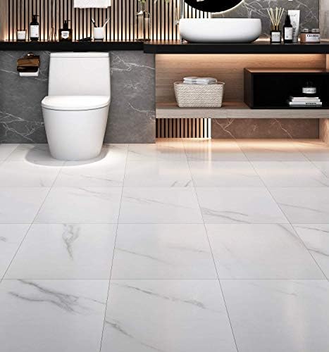 Livelynine White Vinyl Flooring Tiles Sticky Floor Tiles Self Adhesive Vinyl Flooring for Bathroom Floor Hallway Bedroom Lounge Kitchen Lino Flooring Tiles 30X30CM Box of 4 Marble Floor Tile Stickers