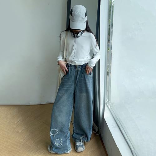 Kids Girls Jeans Wide Leg Baggy Button Denim Pants Elastic High Waist Trousers Breathable Trendy Streetwear with Pockets3