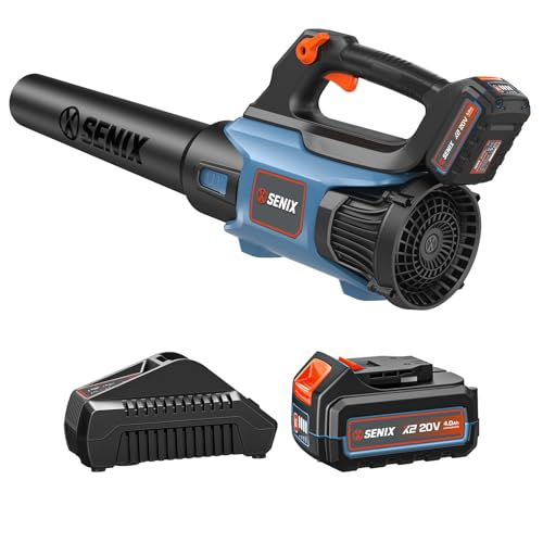 SENIX 20V Max Leaf Blower, Cordless, Brushless, Handheld, Up to 350 CFM and 80 MPH, 2 Speed Mode, Cruise Control, Lightweight, 4.0 Ah Battery and Charger Included (BLAX2-M)
