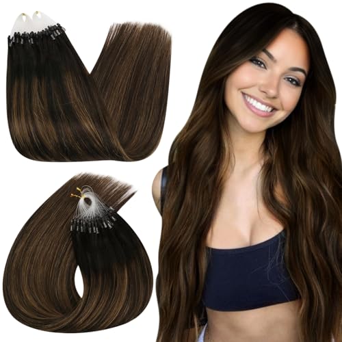 Ugeat Micro Loop Human Hair Extensions 24 Inch Ombre Dark Brown Micro Beads Hair Extensions Real Human Hair Balayage Medium Brown 50G/50S #2/6/2