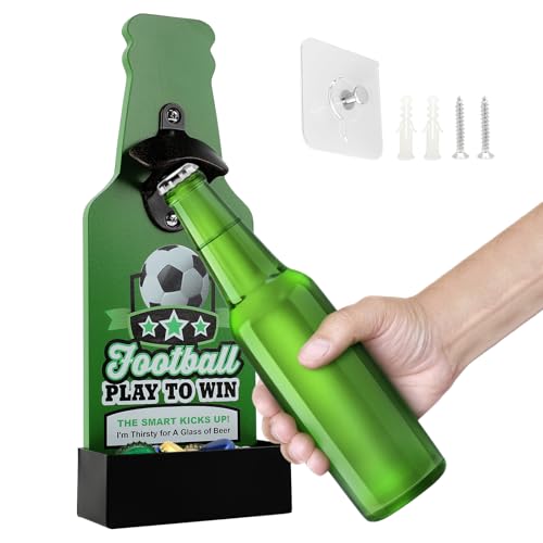 FEMONGY abridor cerveza Futbol abrebotellas, abridor cerveza pared Con recogedor de tapas de botellas, abridor de botellas para bar, cocina, terraza - regalos para hombre/regalo cerveza (verde)