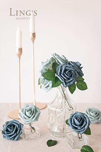 Ling's Moment Artificial Flowers 25Pcs Dusty Blue & Navy Roses Decor w/Stems,3" Real Touch DIY Foam Floral for Wedding Bouquet/Centerpieces, Outdoors Party Backdrop, Room/Table, and Garden/Pot Decor - Thumbnail 3
