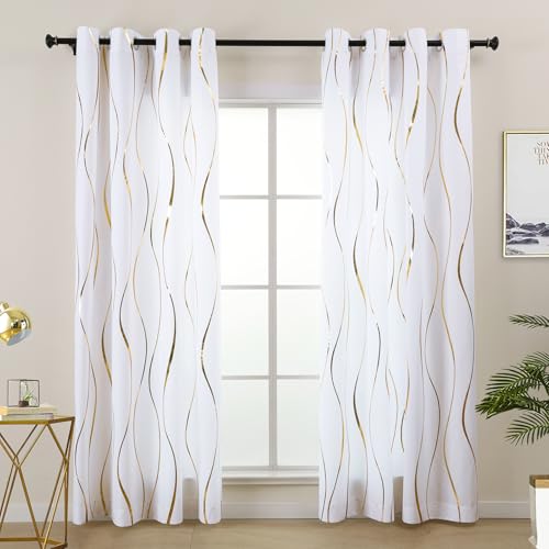 L.Z.E White Privacy Curtains 84 Inches Long 2 Panels Set Light Filtering Non-See-Through Curtains & Drapes for Living Room Bedroom Nursery Elegant Gold Wave Pattern Grommet Top Window Treatment