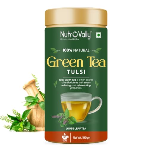 NutroVally Tulsi Green Tea Tin 100g|50% Tulsi & 50% green tea|Stress Relief, Immunity Support and De...