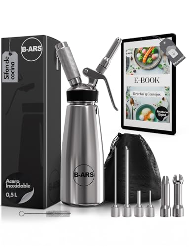 B-ARS Dispensador Crema Batida Profesional Acero Inoxidable 500ML Incluye Boquillas Decorativas Cepillo Limpieza(NO INCLUYE CAPSULAS DE N2O) Ebook Recetas Cocina Espumas Postres Fáciles y Creativos