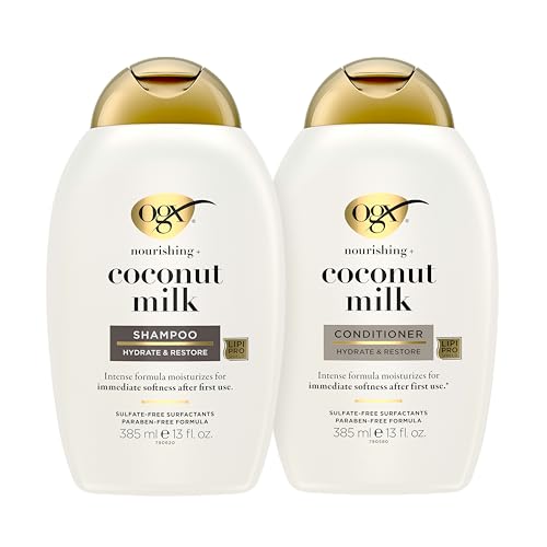 OGX Nourishing + Coconut Milk Sulfate Free Shampoo and Conditioner Set, Hydrates & Softens Hair, Lipi Pro Shield Technology, Creamy Coconut Milk White Peach & Shea Butter Scent, 2 Items, 2 x 13 fl oz