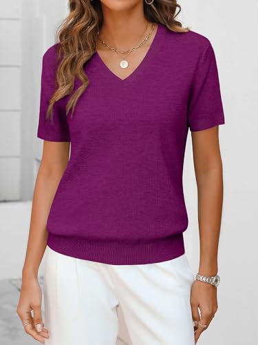 Image of ANRABESS Women Wool Blend Sweater Summer 2026 Short Sleeve V Neck Pullover Top Business Casual Outfit Beach Vacation Clothes