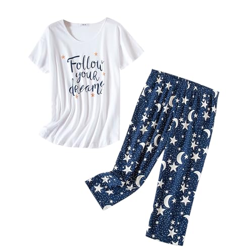 Pyjama en coton femme manches courtes ensemble vêtements de nuit capri pantalon plus size