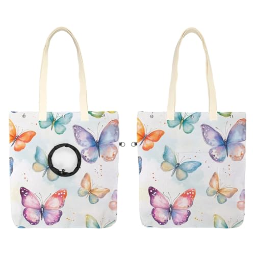 Pet Canvas Shoulder Bag Soft-Sided,Dog Purse Carrier for Small Dogs and Cats, Portable Pet Handbag with Adjustable Hole, Pet Washable Travel Tote Bag,Light Color Butterflies 16.7''x15.8''