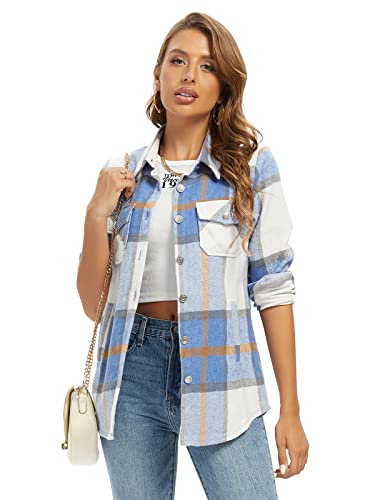 Aeslech Chemise à carreaux pour femme - Veste légère en flanelle boutonnée à manches longues décontractée surdimensionnée, bleu, S Cover