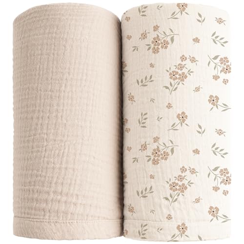 Konssy Muslin Swaddle Blankets for Girls Boys 2 Pack, 100% Cotton Receiving Baby Blanket Large 47 x 47 inches, Soft Breathable Swaddling Wrap for Unisex Newborn (Blossom,Cream)
