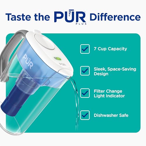 PUR Plus 7-Cup Water Pitcher, 1 Lead-Reducing Filter, Cleaner, Great-tasting Water, Dishwasher Safe, Powerful Filtration, Filter Change Light Indicator, LockFit Cap Design - White