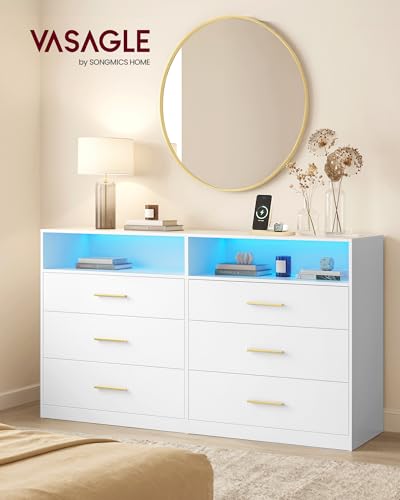 Commode 6 tiroirs LED multiprise USB‑C 119 cm VASAGLE