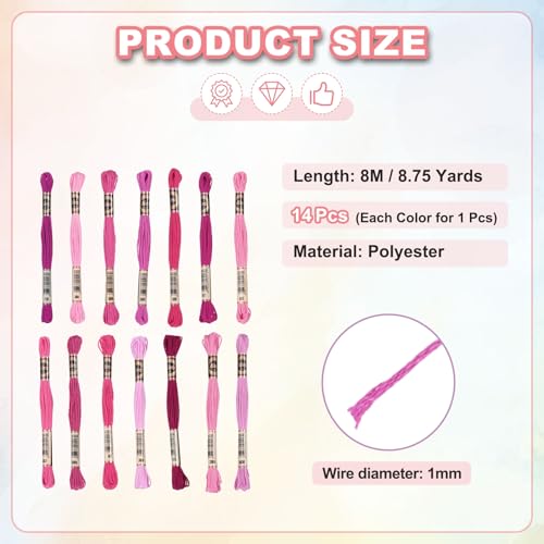 Image of PATIKIL 14 Skeins Embroidery Floss, Polyester Embroidery Threads Bracelets String for Cross-Stitch Hand Embroidery, Multicolored Deep Red Pink