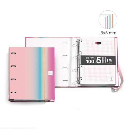 Miquelrius - Ringbuch A4 mit 4 Ringen + 100 Blatt 90 g/m² kariert 5 mm kariert, Gummizugverschluss, Kollektion Aurora West Bay