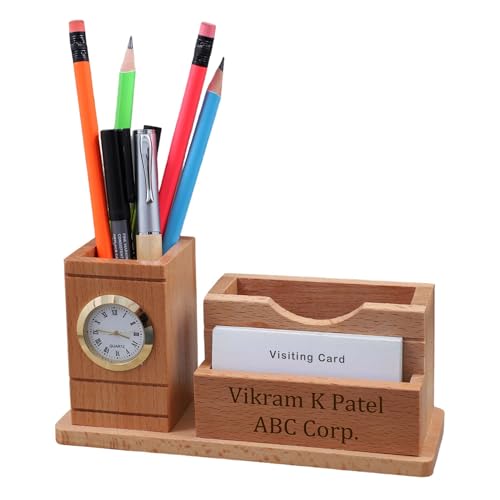 Image of Deskart Customized Multipurpose Pen Holder Stand | Premium Wooden Desk Organizer with Clock, Business Visiting Card and Mobile Holder