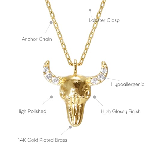 Western Bull Skull Pendant Necklace - MUSTHAVE 18K Gold Plated Texas Cubic Bull's Head Necklace, Rustic Charm, CZ Horns, Boho Layering Jewelry, Lucky Cow Skull Necklace for Women, 16+2 inch Extender, Message Card, Unisex (Yellow Gold)4
