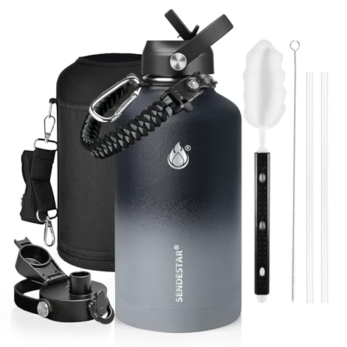 Image of One Gallon Insulated Water Bottle, Triple Wall 128 oz Stainless Steel Wide Mouth Water Bottles (Cold for 48 Hrs), Leak Proof, Non-BPA, Large Water Flask Jug with Paracord Handle & Straw Spout Lids