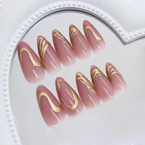 Image of Gold Chrome Press On Nails Almond Shape | Glossy Nude False Nails with 3D Metallic Swirl Design | Press On Nails Kit for Women And Girls Fake Nail Extension | Reusable Nail Extension For Women With Glue Tab | Long Lasting Glossy Finish Artificial Nails | Easy to Apply Fake Nails for Salon Look at Home | Stick-On Manicure Kit For Parties, Weddings And Gifts | Trendy Nail Art Set for All Occasions (Peach-GoldSwirl)