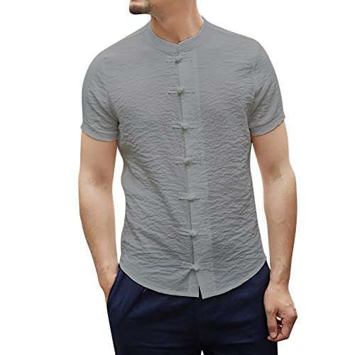 Men's Linen Chinese Clothing Tang Suit Short Sleeve Shirt for Men Mens Romper Jumpsuit (Grey, L) Men Halloween Costumes Adults Scary