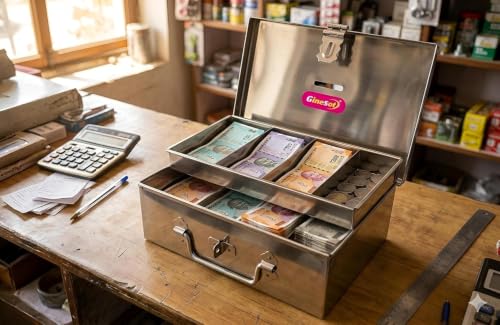 Image of Stainless Steel Cash Box with Removable Tray, 4 Compartments, Secure Key Lock, Portable Money Storage Organizer for Home, Office, Shop Counter & Cash Handling