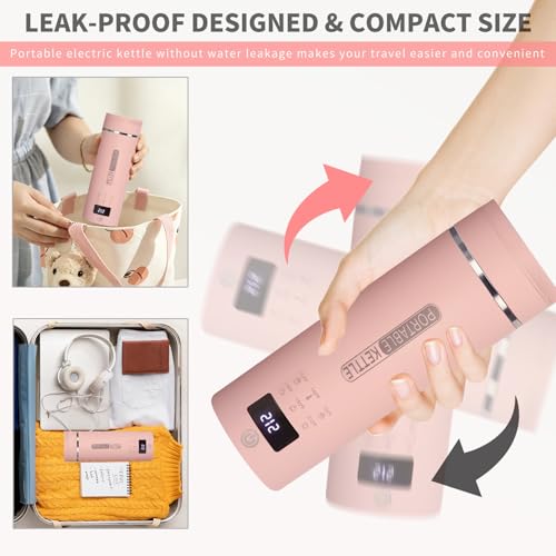 Image of Pink Travel Electric Kettle with LCD Display, 6 Temperature Settings, 450ml / 15.2oz, 304 Stainless Steel, Auto Shut-Off and Dry Boil Protection, Compact and Portable Electric Kettle