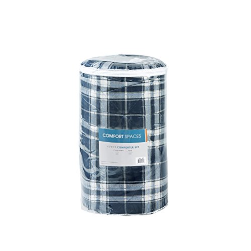 Comfort Spaces Aaron Sherpa Comforter And Throw Combo Set, Ultra Softy Fluffy Warm Checker Plaid Pattern Cold Weather Bedding, King/Cal King(104"X90"), Navy 4 Piece #TOP4