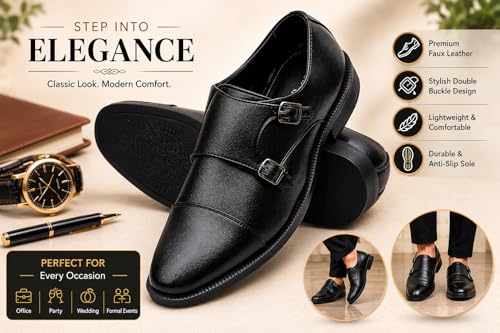 Image of Men's Double Monk Strap Formal Shoes | Cap Toe Design, Polished Upper, Soft Cushioned Insole, TPR Outsole, Slip-On Formal Shoe for Men Office Dress, Party & Wedding Footwear