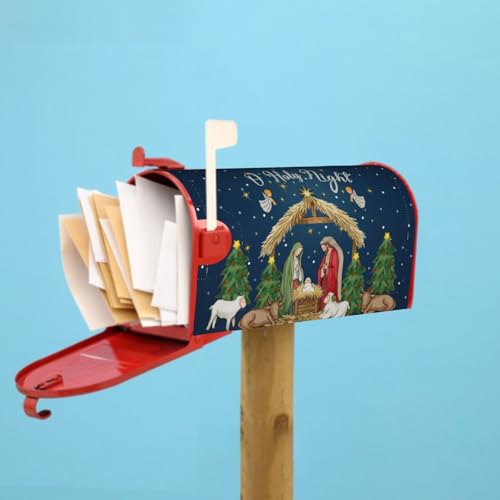 Image of Christmas Mailbox Cover Magnetic, Large Size 25.5x21 Inch, Xmas Trees Blue Holy Night Nativity Scene Waterproof Mailbox Wrap Post Cover for Garden Yard Holiday Hew Year Decor