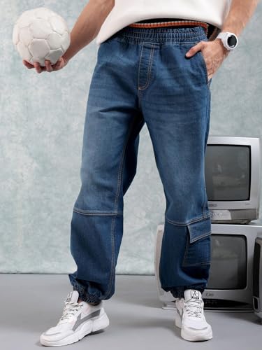 Image of The Indian Garage Co Men Loose Fit Solid Mid-Rise Stretchable Denim Joggers